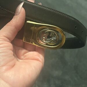 Vintage Gucci Black/brown Leather Belt with Gold Buckle, long I think around 120
